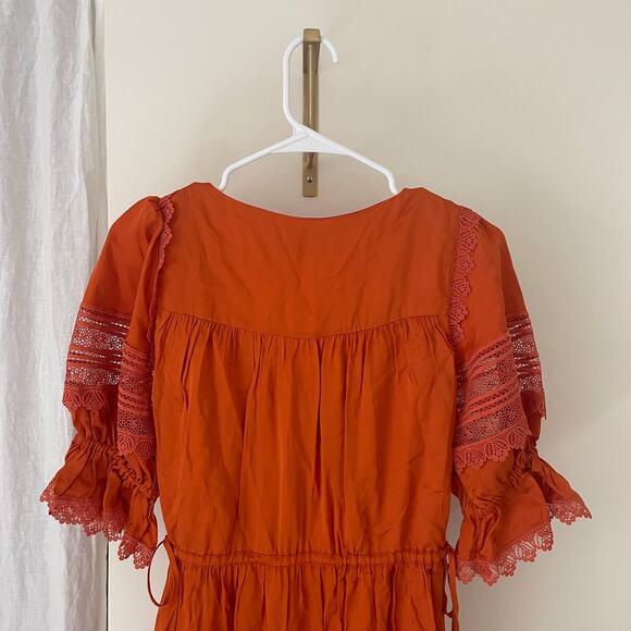 NWT SELF-PORTRAIT Lace Trim Satin Twill Ruffle Midi Dress In Orange Size 0 UK 4 - Picture 6 of 11